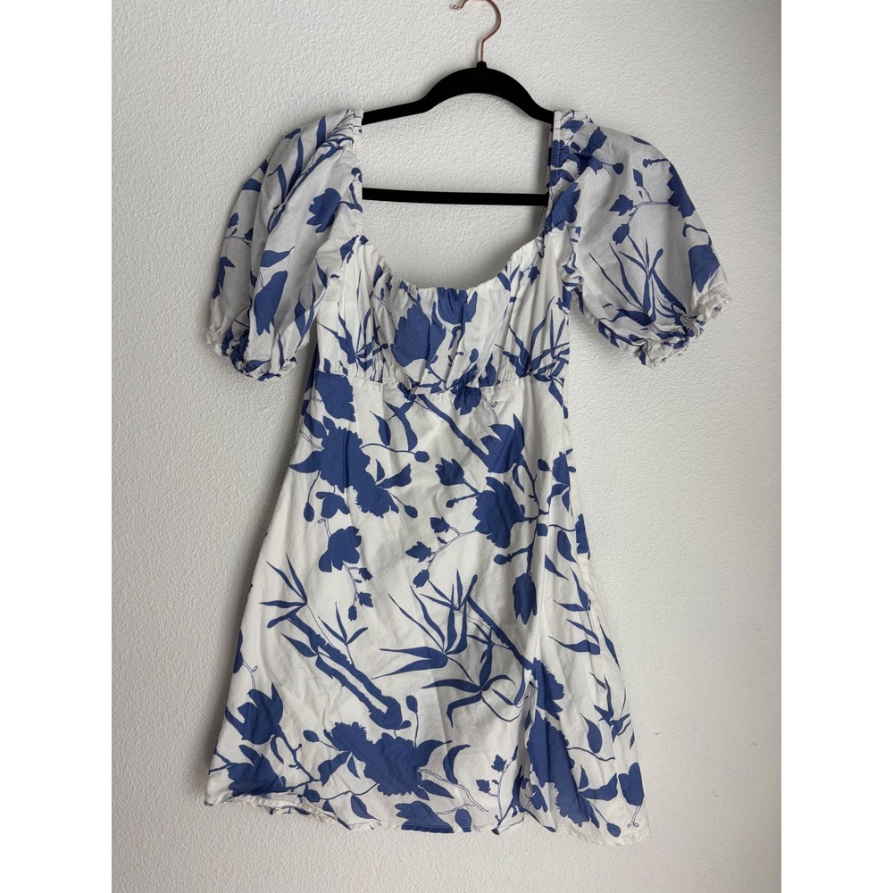 Lulus x Charlie Holiday Blue White Floral Puff Sleeve Mini Dress Small